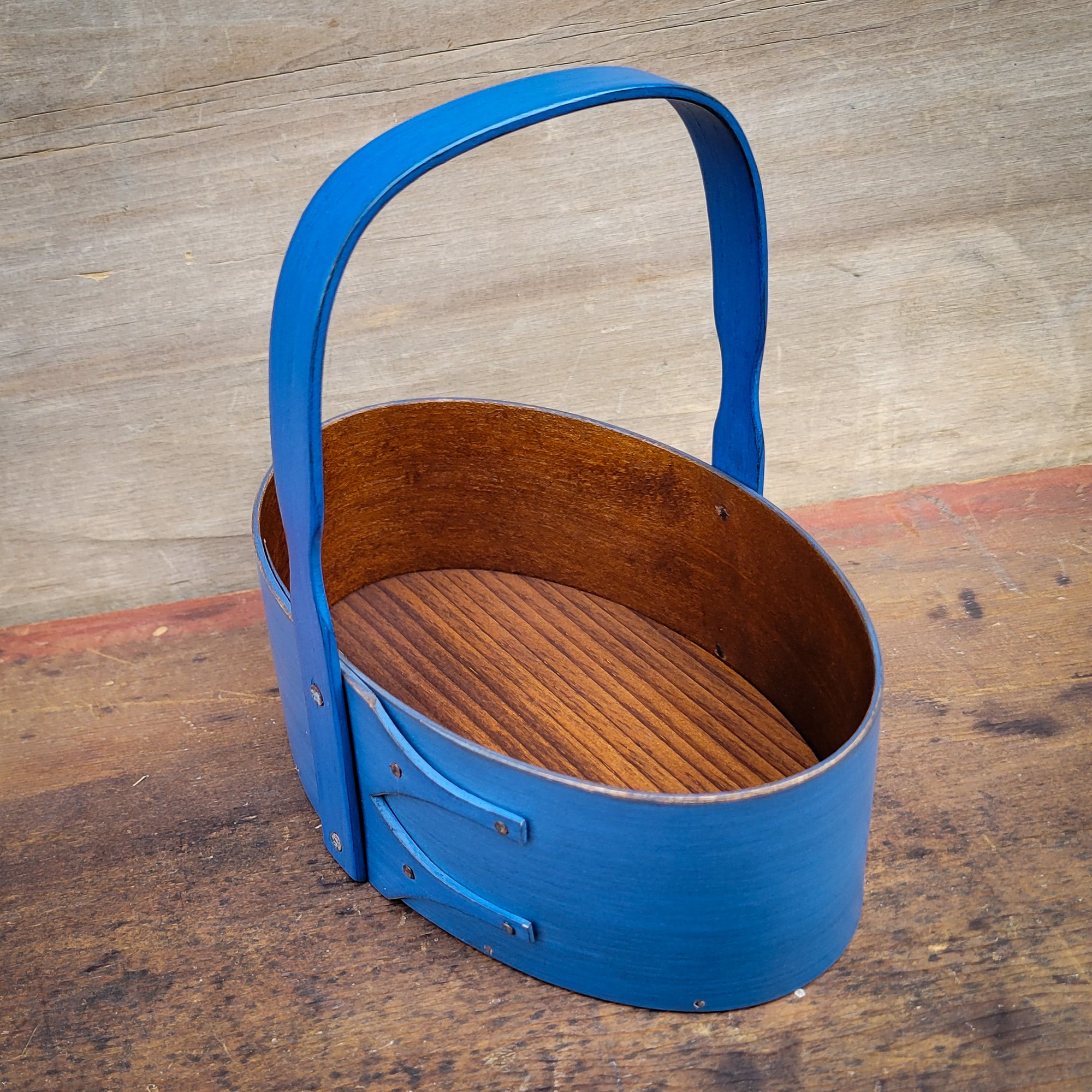 Shaker Carrier, Size #3, LeHays Shaker Boxes, Handcrafted in Maine.  Blue Milk Paint Finish, Side View