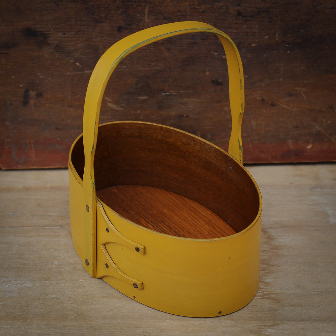 Shaker Carrier, Size #2, LeHays Shaker Boxes, Handcrafted in Maine.  Yellow Milk Paint Finish, Side View