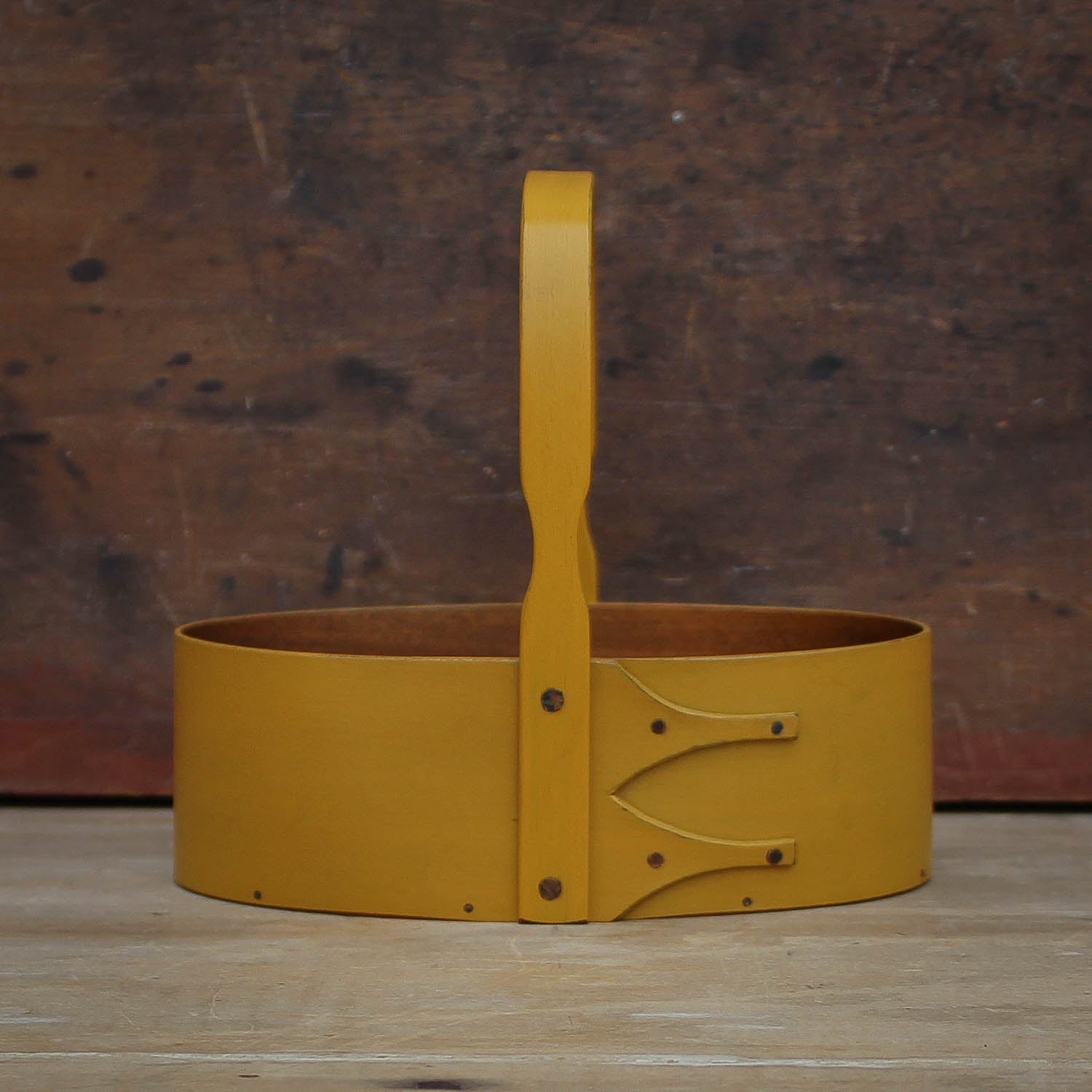 Shaker Carrier, Size #2, LeHays Shaker Boxes, Handcrafted in Maine.  Yellow Milk Paint Finish, Front View