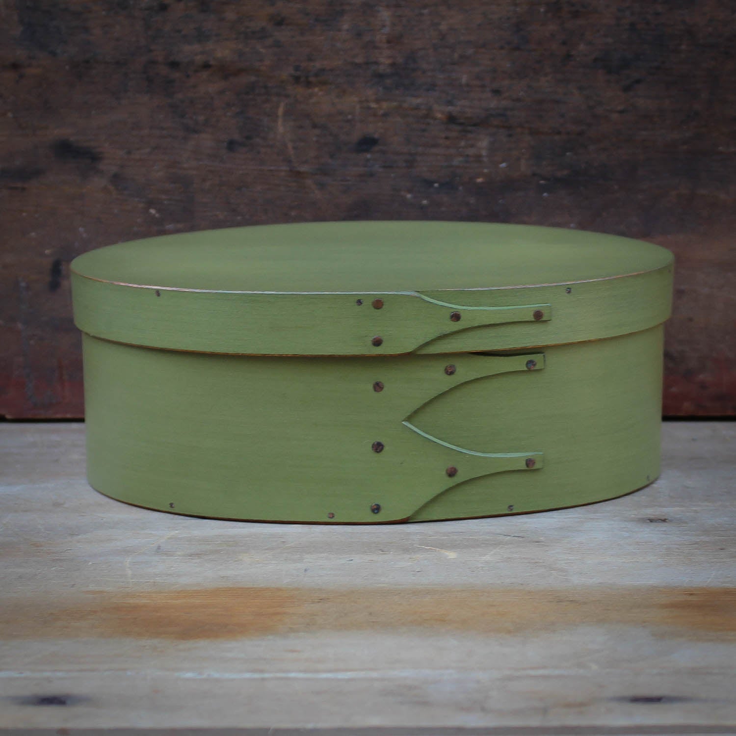 Shaker Oval Box, Size #3, LeHays Shaker Boxes, Handcrafted in Maine.  Green Milk Paint Finish, Front View