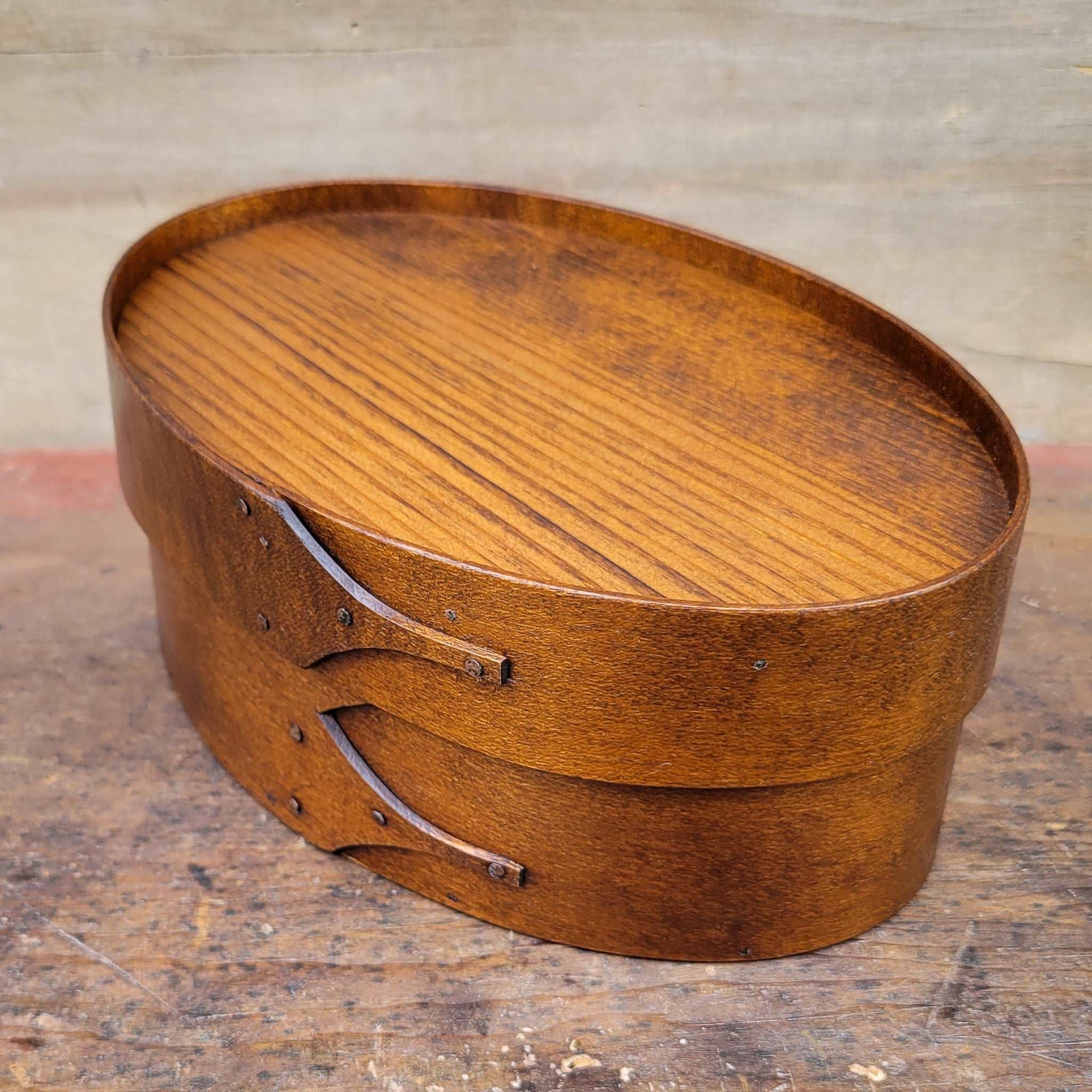 Shaker Oval Box with Recessed Lid for Needlework, Size #3, LeHays Shaker Boxes, Antiqued Natural Finish, Side View