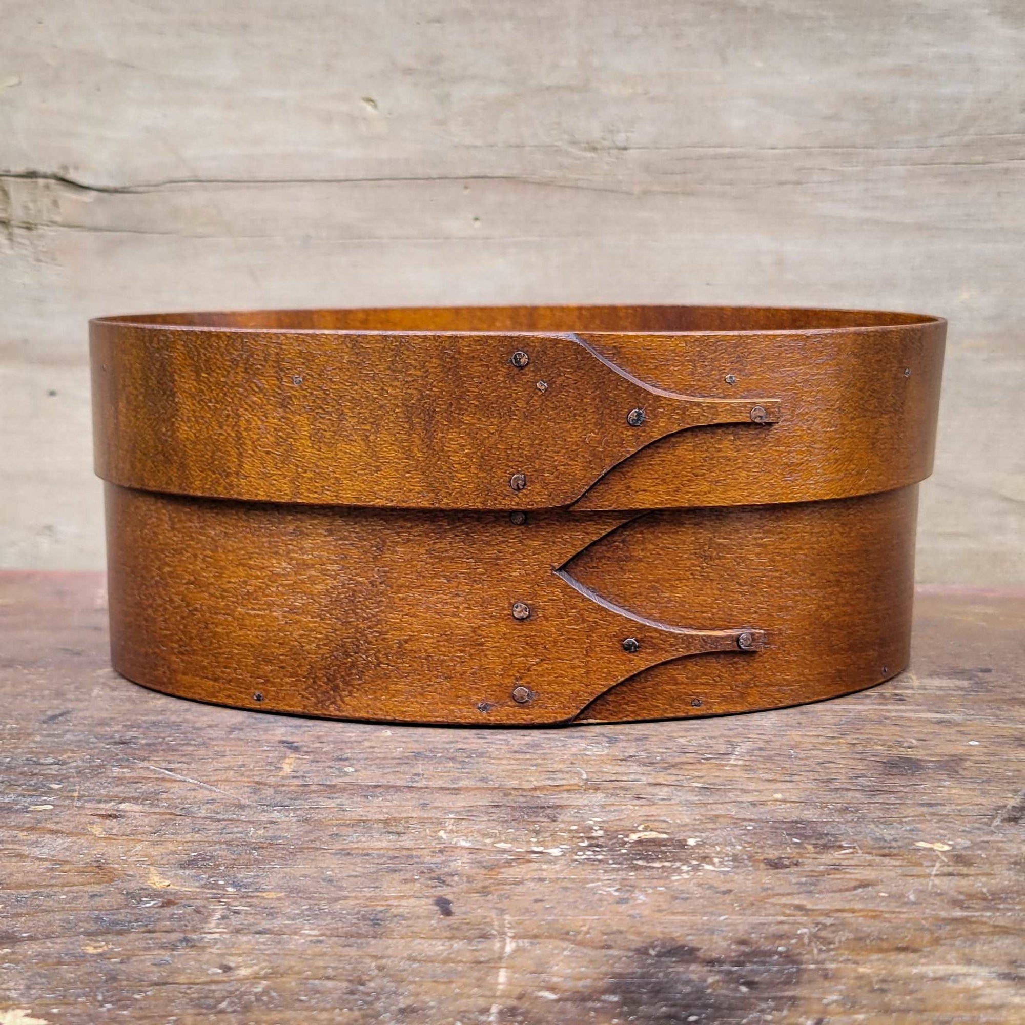 Shaker Oval Box with Recessed Lid for Needlework, Size #3, LeHays Shaker Boxes, Antiqued Natural Finish, Front View