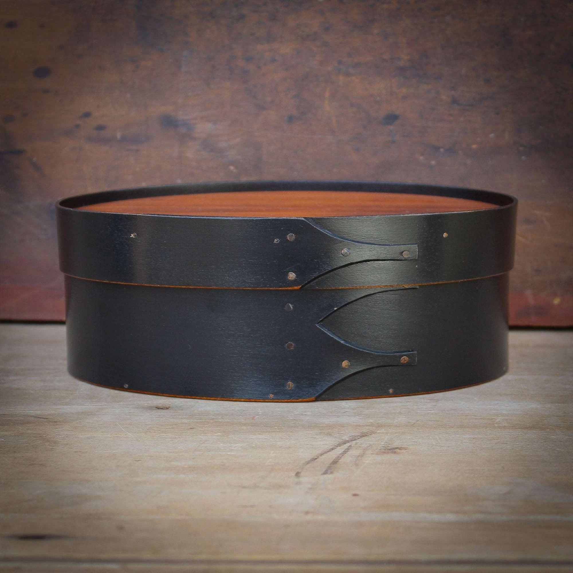Shaker Oval Box with Recessed Lid for Needlework, Size #3, LeHays Shaker Boxes, Black Milk Paint Finish, Front View