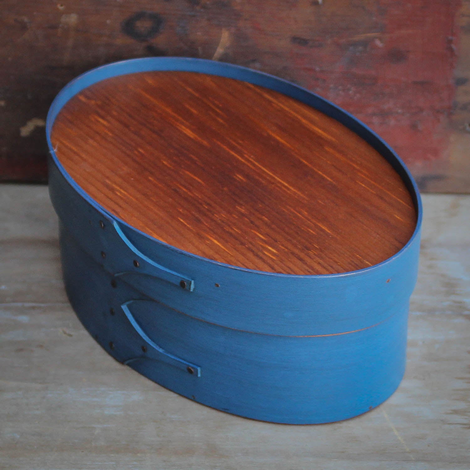 Shaker Oval Box with Recessed Lid for Needlework, Size #3, LeHays Shaker Boxes, Blue Milk Paint Finish, Side View