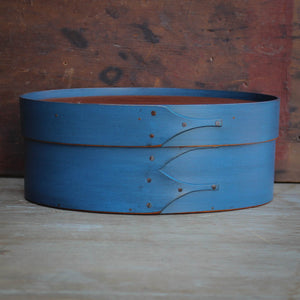 Shaker Oval Box with Recessed Lid for Needlework, Size #3, LeHays Shaker Boxes, Blue Milk Paint Finish, Front View