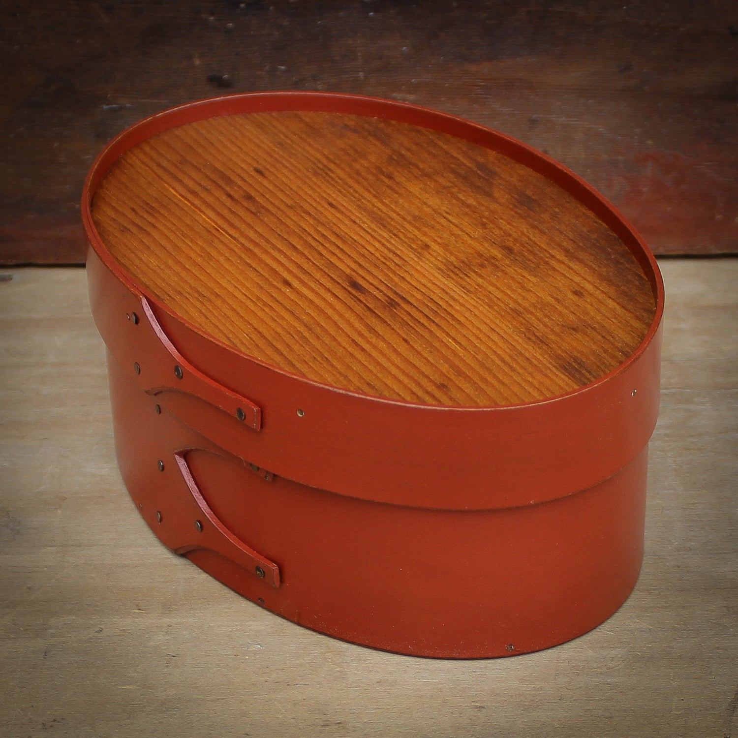 Shaker Oval Box with Recessed Lid for Needlework, Size #3, LeHays Shaker Boxes, Red Milk Paint Finish, Side View