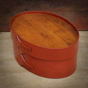Shaker Oval Box with Recessed Lid for Needlework, Size #3, LeHays Shaker Boxes, Red Milk Paint Finish, Side View