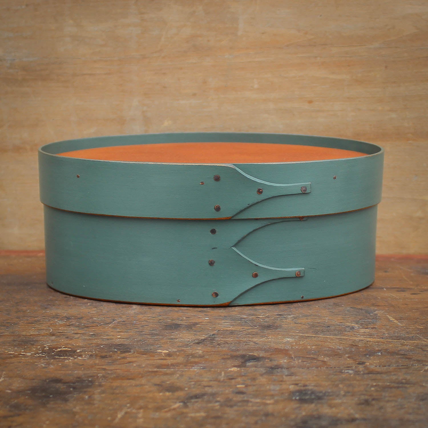 Shaker Oval Box with Recessed Lid for Needlework, Size #3, LeHays Shaker Boxes, Sea Green Milk Paint Finish, Front View