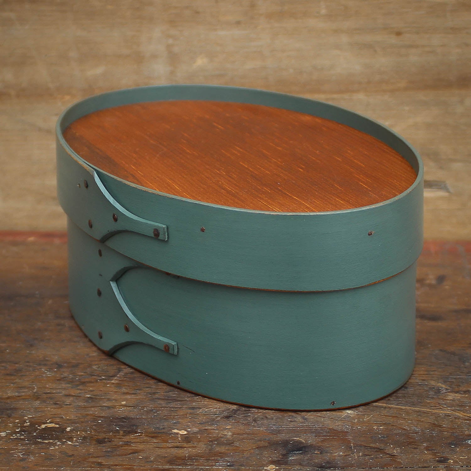 Shaker Oval Box with Recessed Lid for Needlework, Size #3, LeHays Shaker Boxes, Sea Green Milk Paint Finish, Side View