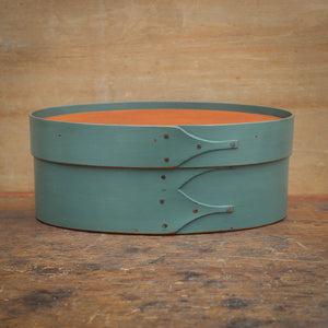 Shaker Oval Box with Recessed Lid for Needlework, Size #3, LeHays Shaker Boxes, Sea Green Milk Paint Finish, Front View