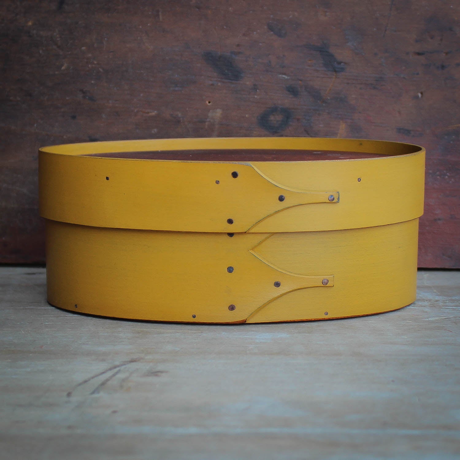 Shaker Oval Box with Recessed Lid for Needlework, Size #3, LeHays Shaker Boxes, Yellow Milk Paint Finish, Front View