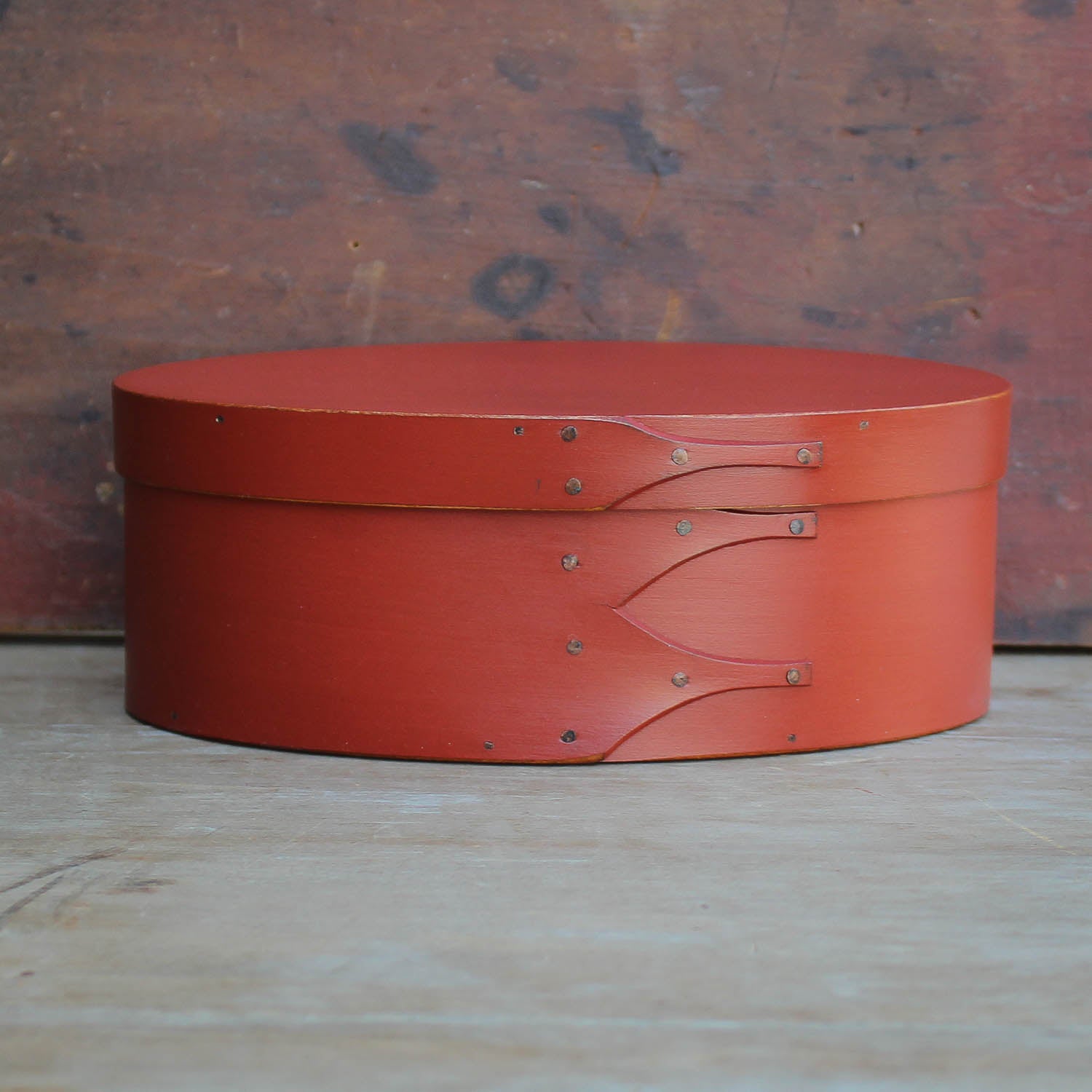 Shaker Oval Box, Size #3, LeHays Shaker Boxes, Handcrafted in Maine.  Red Milk Paint Finish, Front View