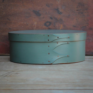 Shaker Oval Box, Size #3, LeHays Shaker Boxes, Handcrafted in Maine.  Sea Green Milk Paint Finish, Front View
