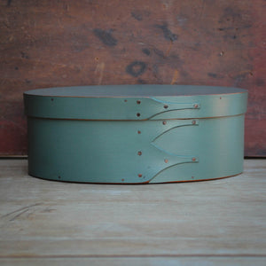 Shaker Oval Box, Size #3, LeHays Shaker Boxes, Handcrafted in Maine.  Sea Green Milk Paint Finish, Front View