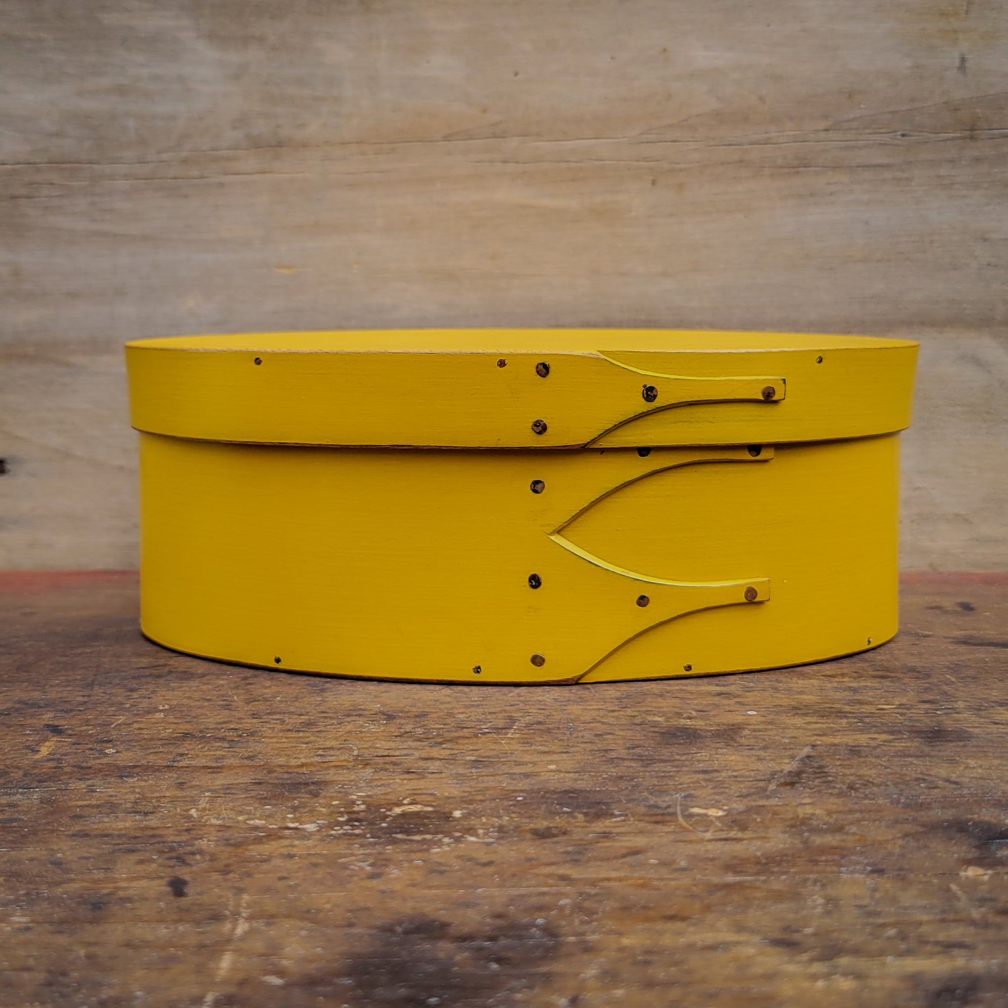 Shaker Oval Box, Size #3, LeHays Shaker Boxes, Handcrafted in Maine.  Yellow Milk Paint Finish, Front View