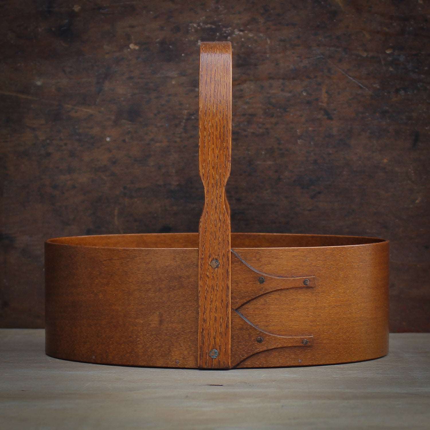 Shaker Carrier, Size #3, LeHays Shaker Boxes, Handcrafted in Maine. Antiqued Natural Finish, Front View