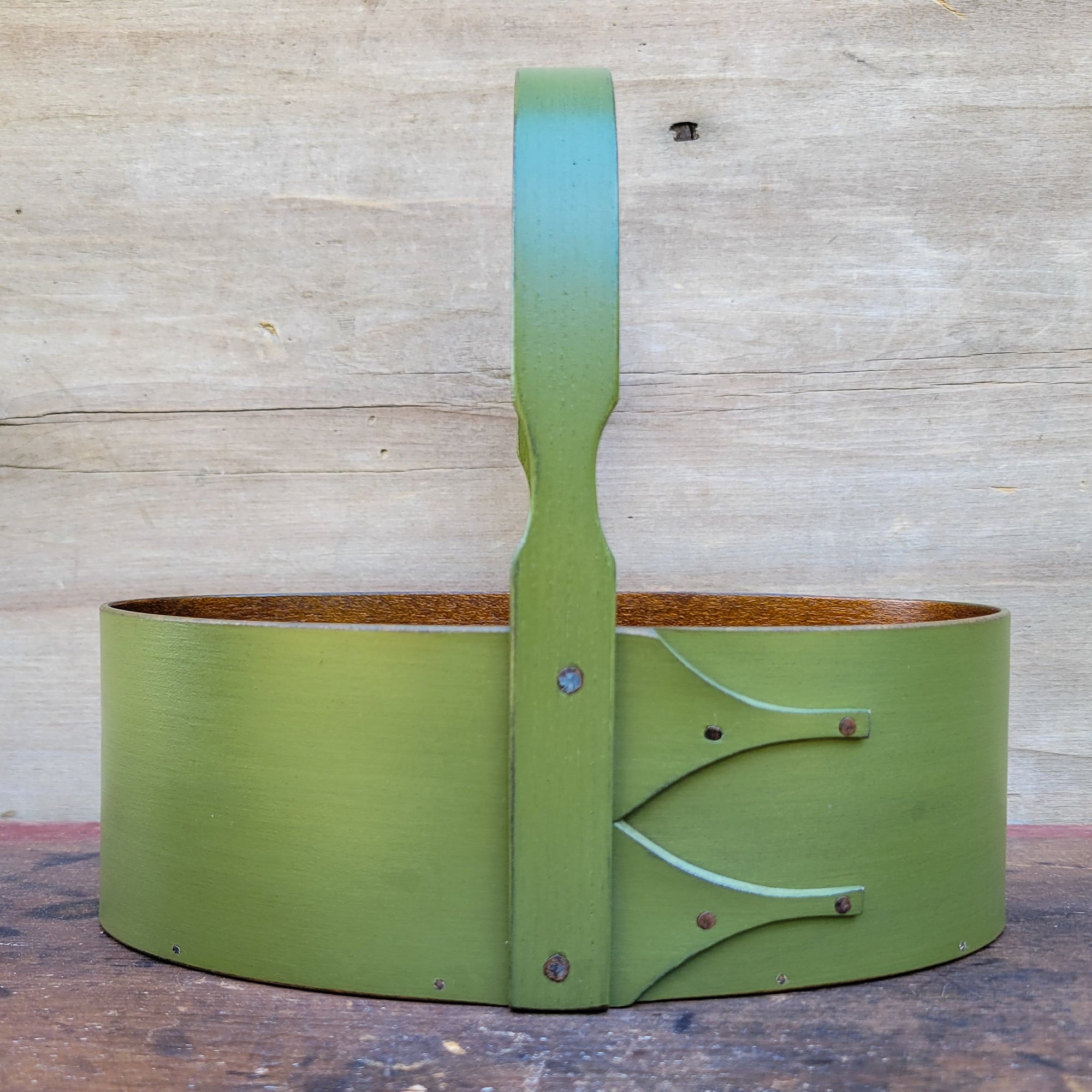 Shaker Carrier, Size #3, LeHays Shaker Boxes, Handcrafted in Maine.  Green Milk Paint Finish, Front View