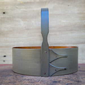Shaker Carrier, Size #3, LeHays Shaker Boxes, Handcrafted in Maine.  Grey Milk Paint Finish, Front View