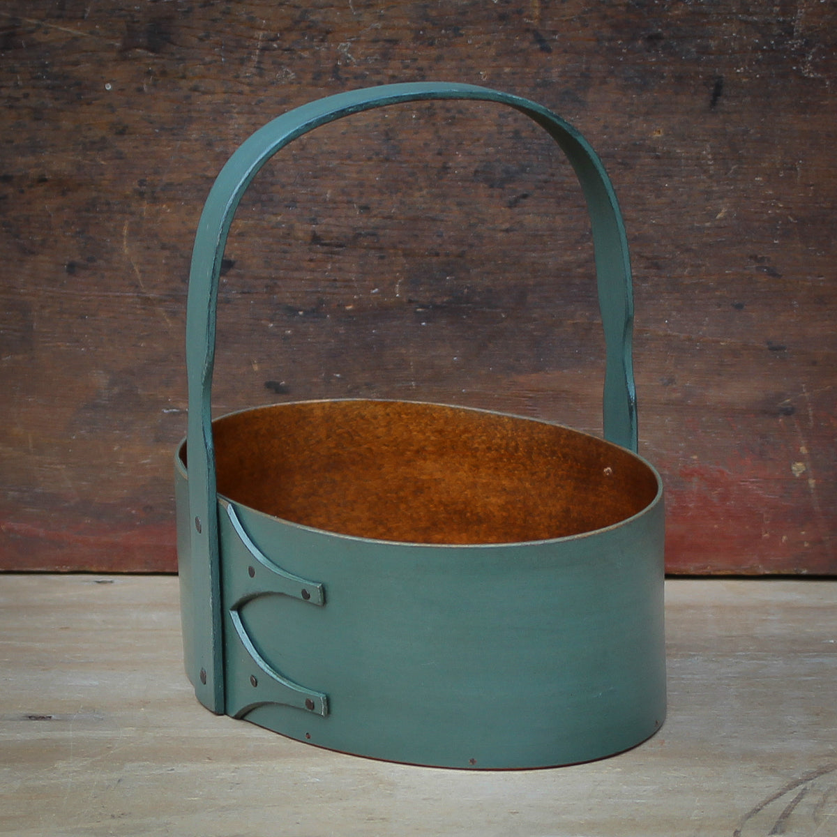 Shaker Carrier, Size #3, LeHays Shaker Boxes, Handcrafted in Maine.  Sea Green Milk Paint Finish, Side View