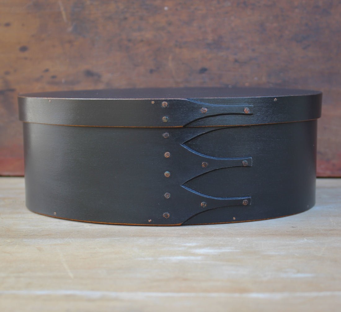 Shaker Oval Box, Size #4, LeHays Shaker Boxes, Handcrafted in Maine.  Black Milk Paint Finish, Front View