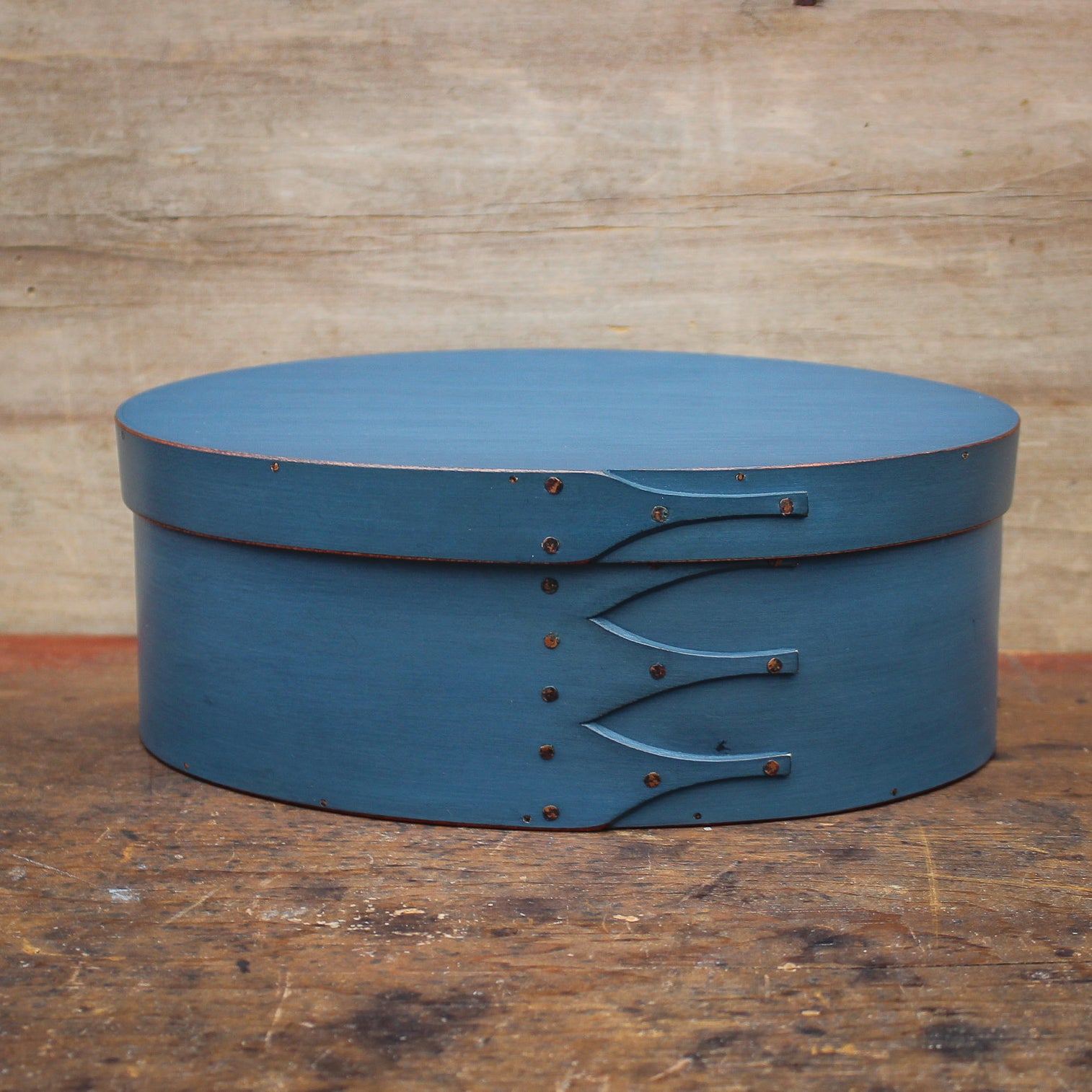 Shaker Oval Box, Size #4, LeHays Shaker Boxes, Handcrafted in Maine. Blue Milk Paint Finish, Front View