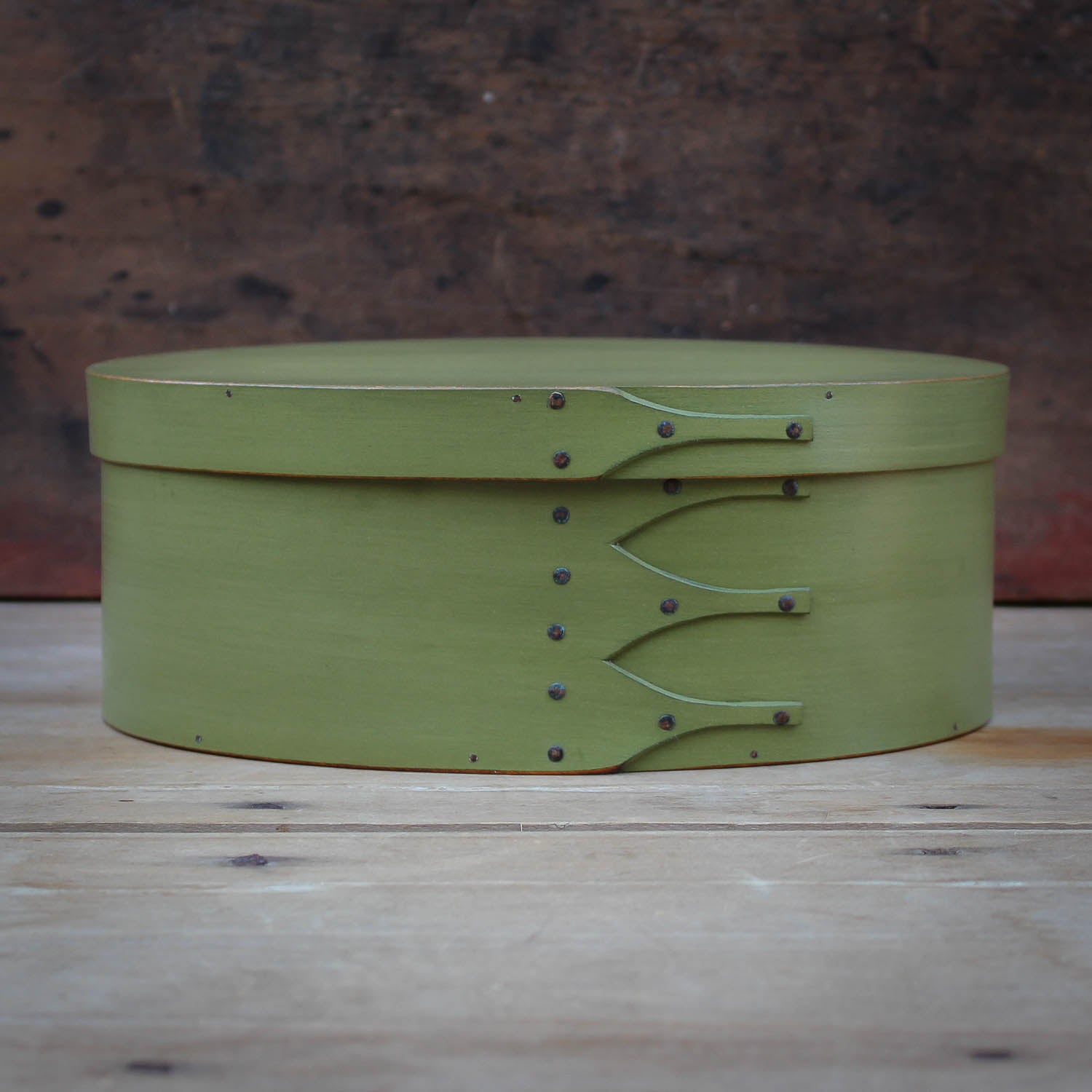 Shaker Oval Box, Size #4, LeHays Shaker Boxes, Handcrafted in Maine.  Green Milk Paint Finish, Front View