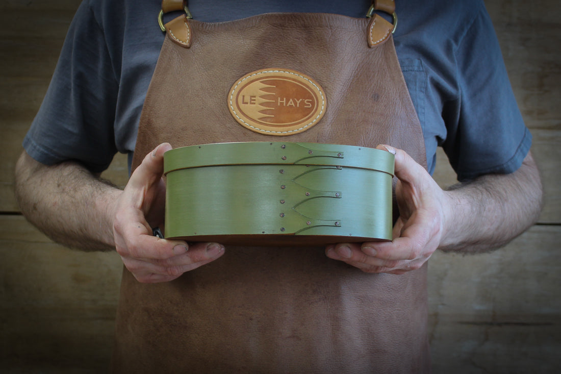 Shaker Oval Box, Size #4, LeHays Shaker Boxes, Handcrafted in Maine.  Robert LeHay Holding Shaker Box.