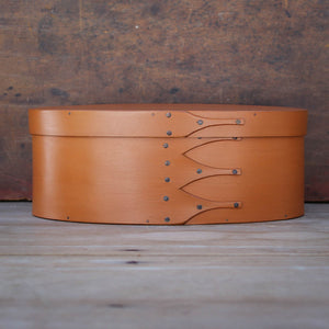 Shaker Oval Box, Size #4, LeHays Shaker Boxes, Handcrafted in Maine.  Pumpkin Milk Paint Finish, Front View