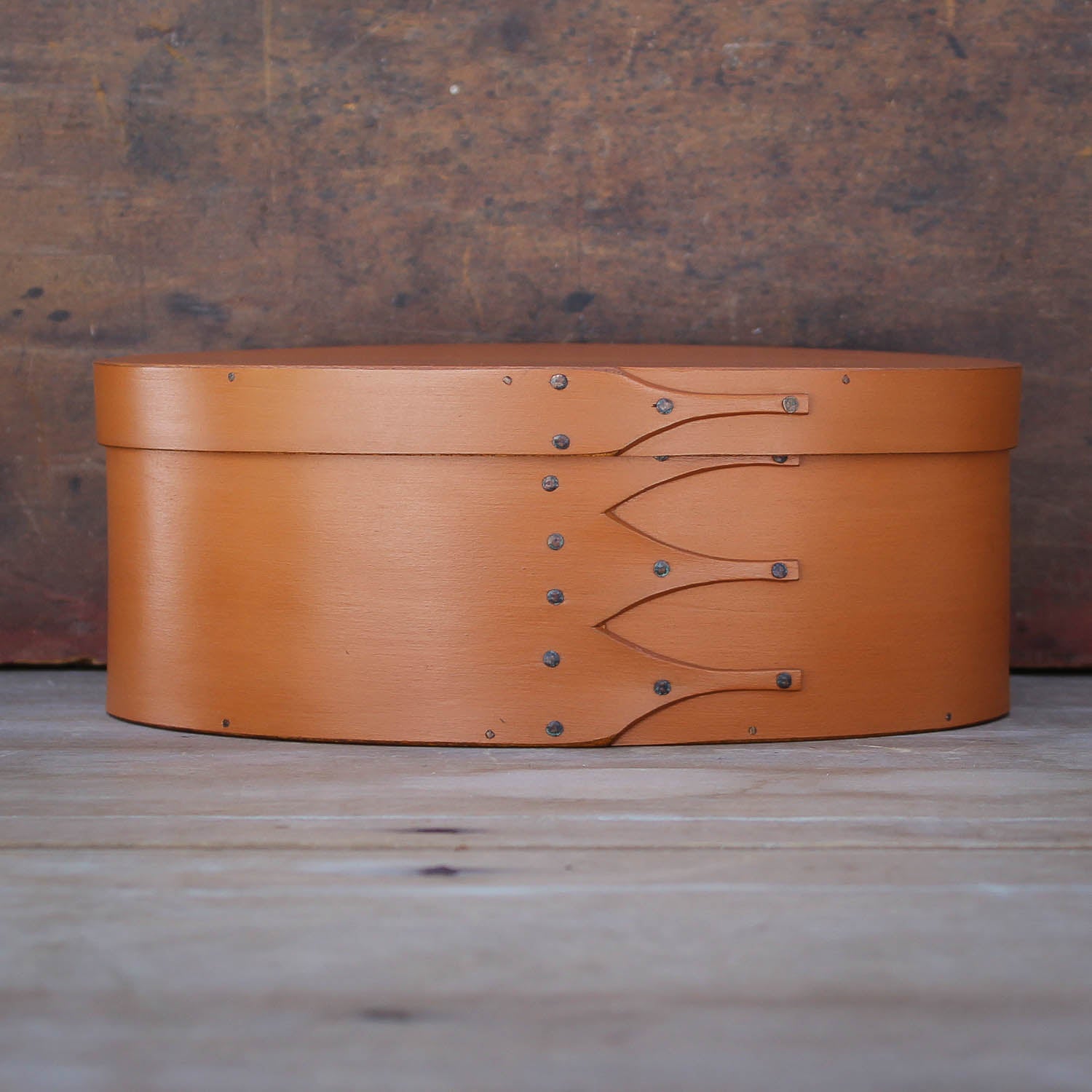 Shaker Oval Box, Size #4, LeHays Shaker Boxes, Handcrafted in Maine.  Pumpkin Milk Paint Finish, Front View