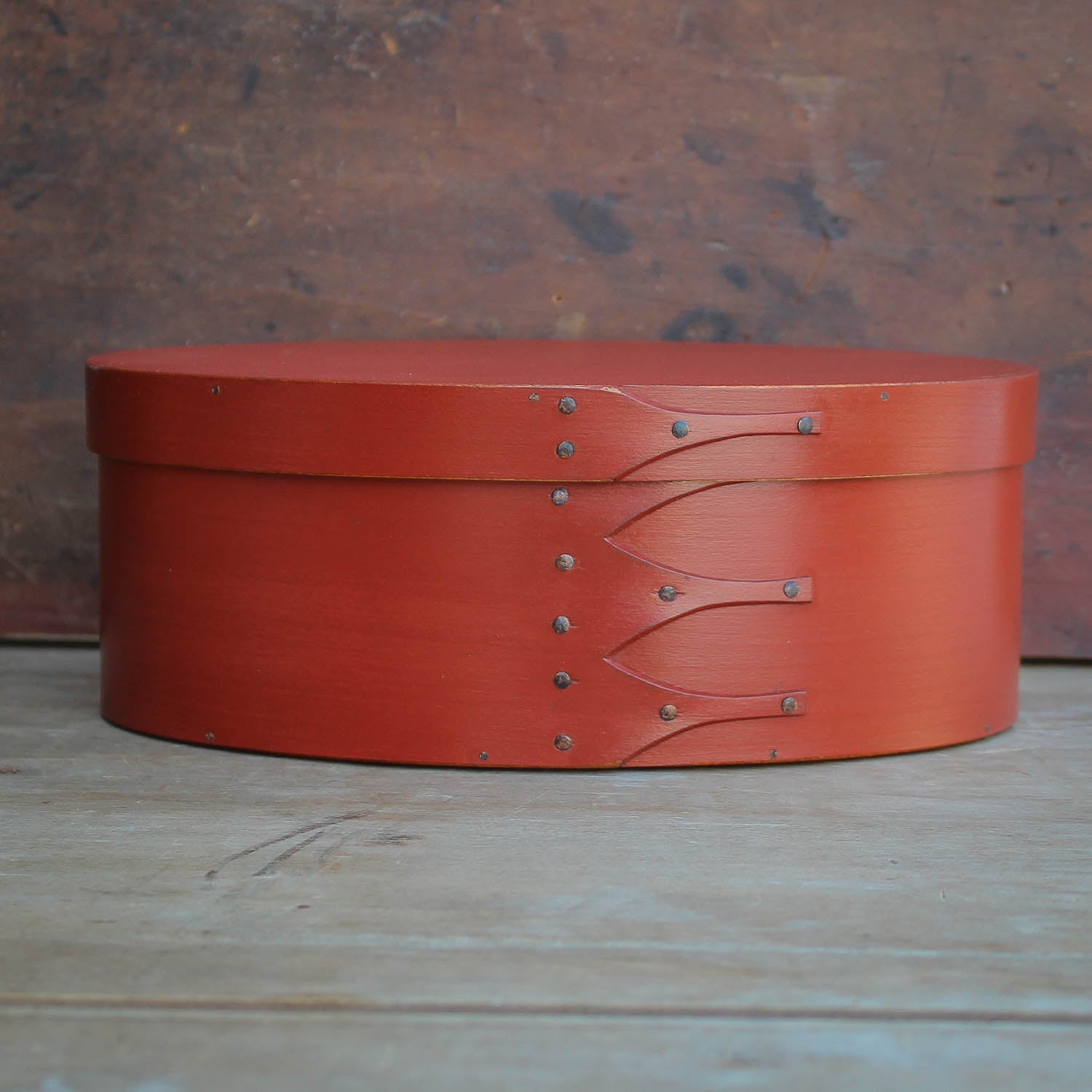 Shaker Oval Box, Size #4, LeHays Shaker Boxes, Handcrafted in Maine.  Red Milk Paint Finish, Front View
