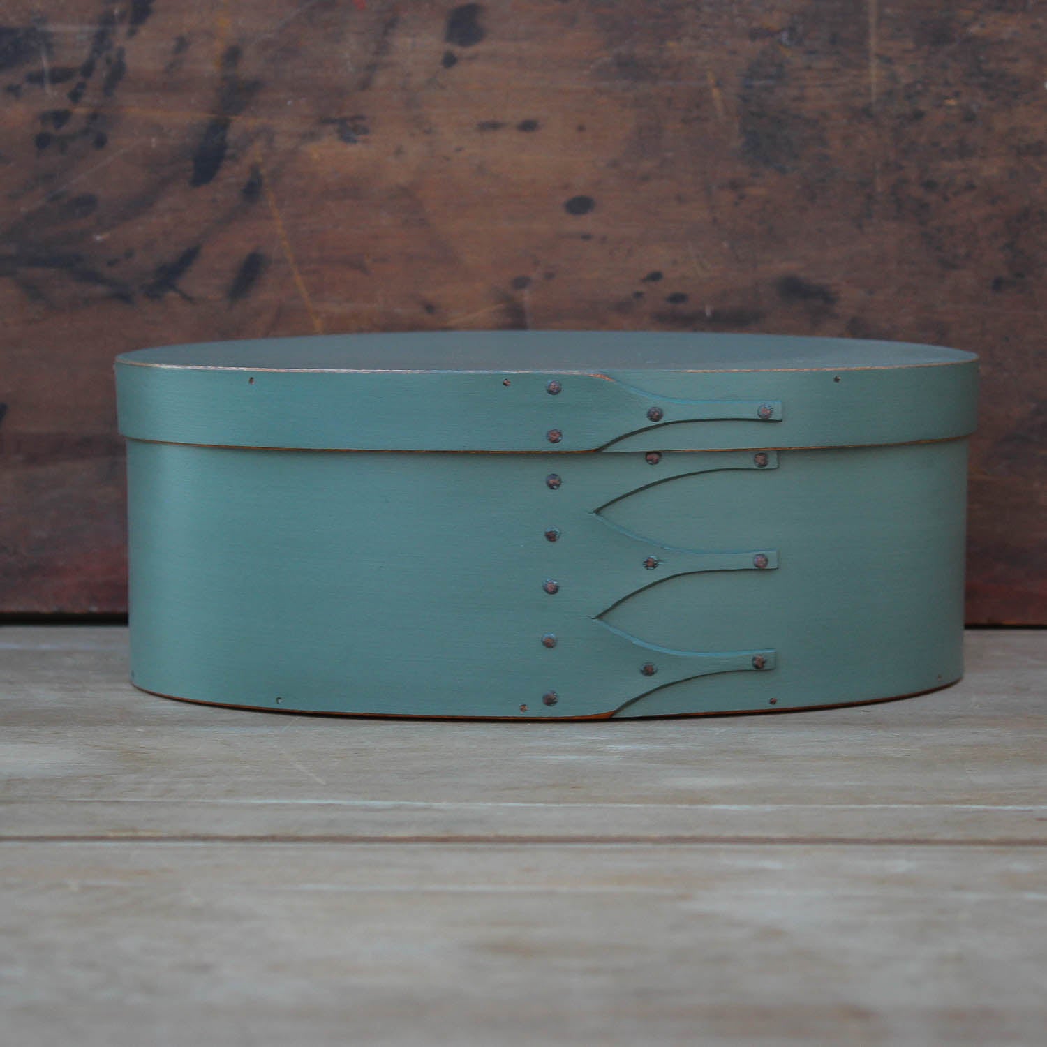Shaker Oval Box, Size #4, LeHays Shaker Boxes, Handcrafted in Maine.  Sea Green Milk Paint Finish, Front View