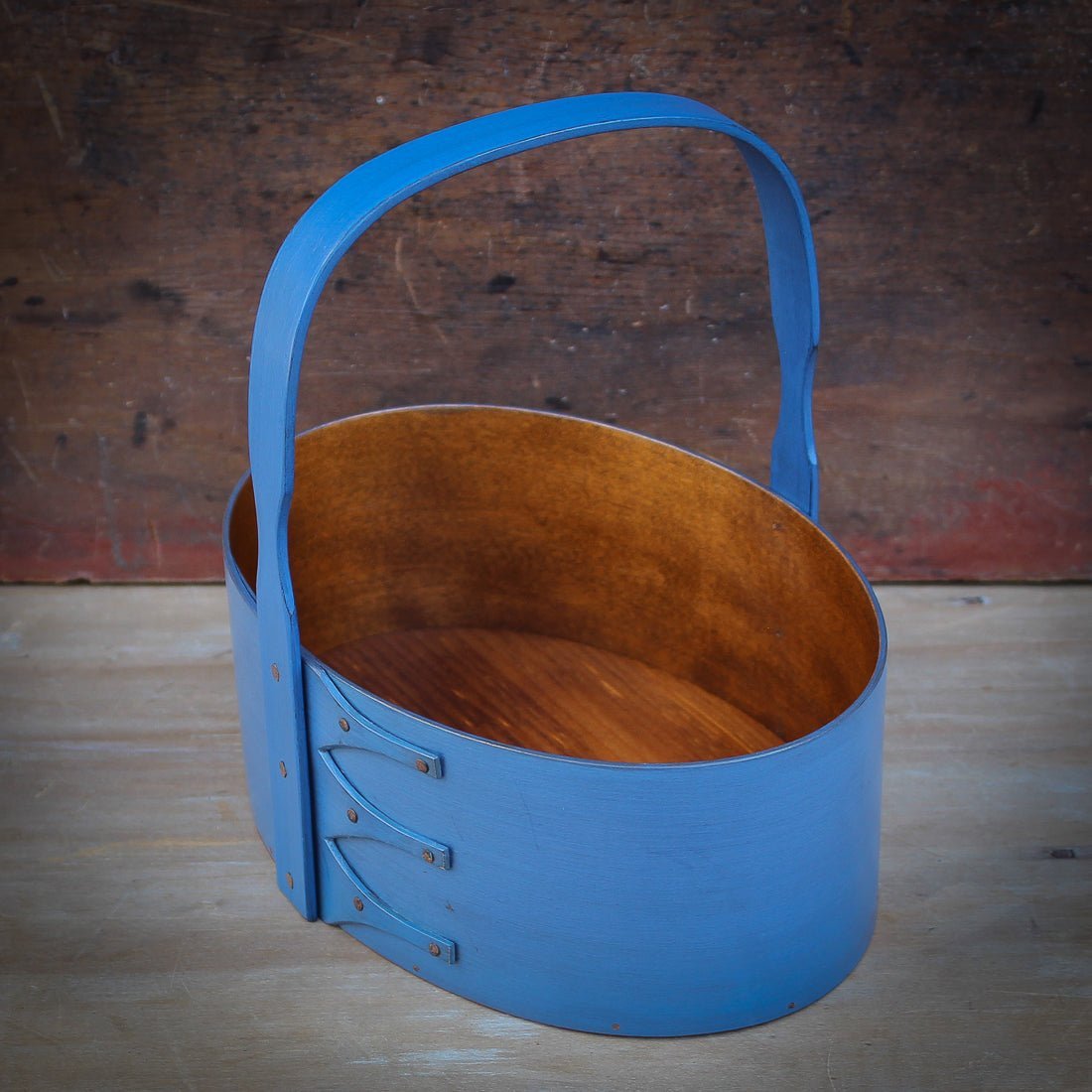 Shaker Carrier, Size #4, LeHays Shaker Boxes, Handcrafted in Maine, Blue Milk Paint Finish, Side View
