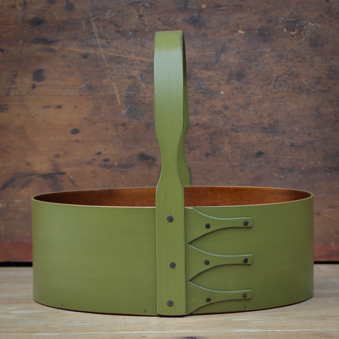 Shaker Carrier, Size #4, LeHays Shaker Boxes, Handcrafted in Maine, Green Milk Paint Finish, Front View
