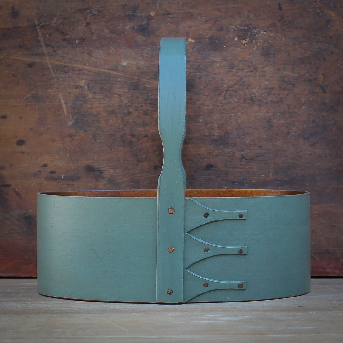 Shaker Carrier, Size #4, LeHays Shaker Boxes, Handcrafted in Maine, Sea Green Milk Paint Finish, Front View