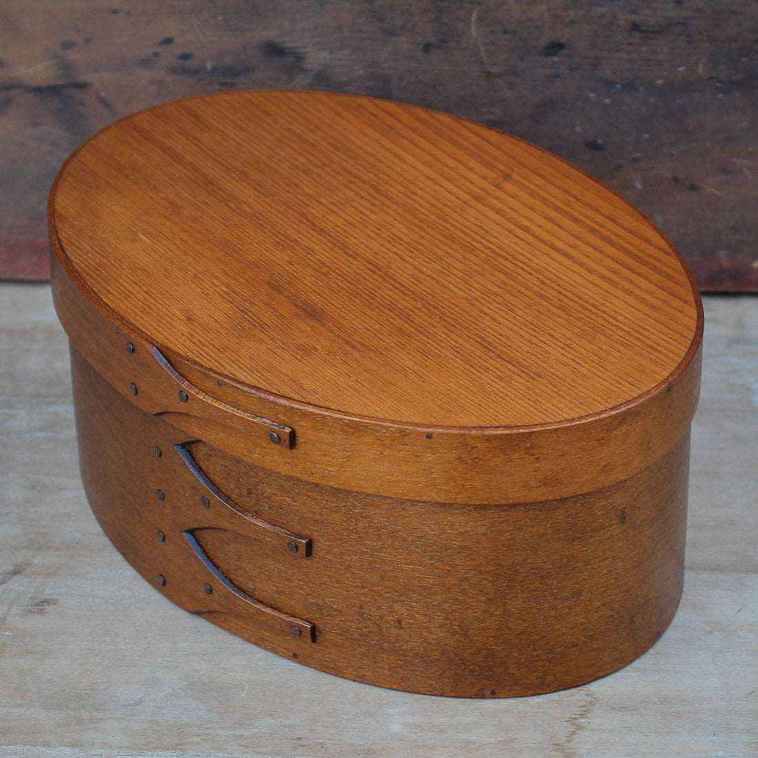 Shaker Oval Box, Size #5, LeHays Shaker Boxes, Handcrafted in Maine.  Antiqued Natural Finish, Side View