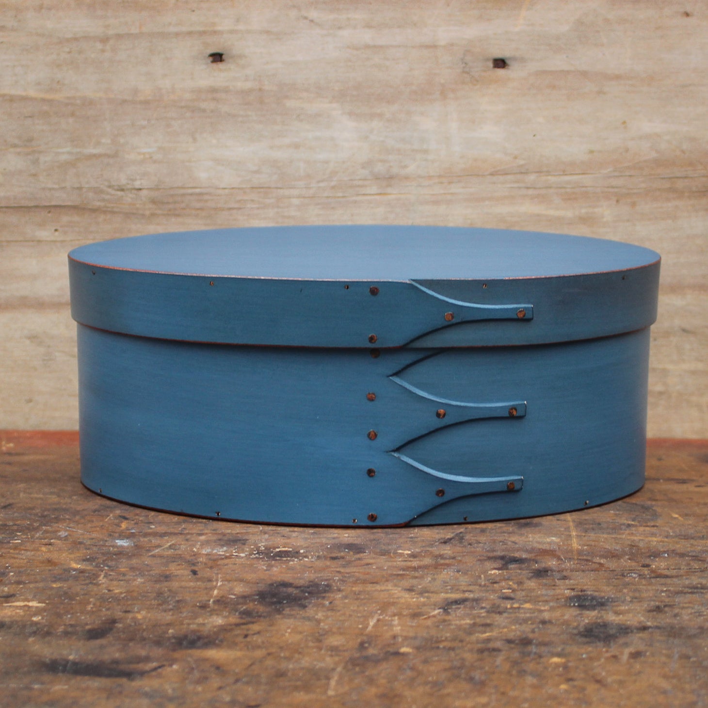 Shaker Oval Box, Size #5, LeHays Shaker Boxes, Handcrafted in Maine. Blue Milk Paint Finish, Front View