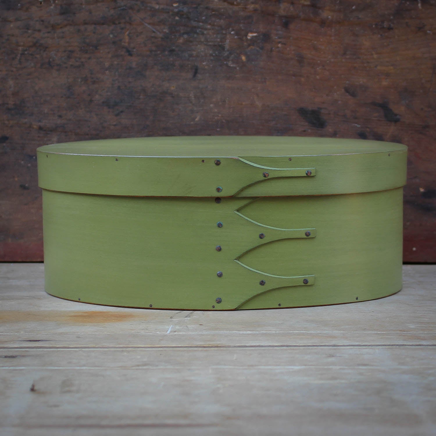 Shaker Oval Box, Size #5, LeHays Shaker Boxes, Handcrafted in Maine.  Green Milk Paint Finish, Front View