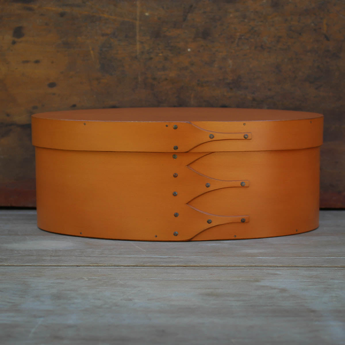 Shaker Oval Box, Size #5, LeHays Shaker Boxes, Handcrafted in Maine.  Pumpkin Milk Paint Finish, Front View
