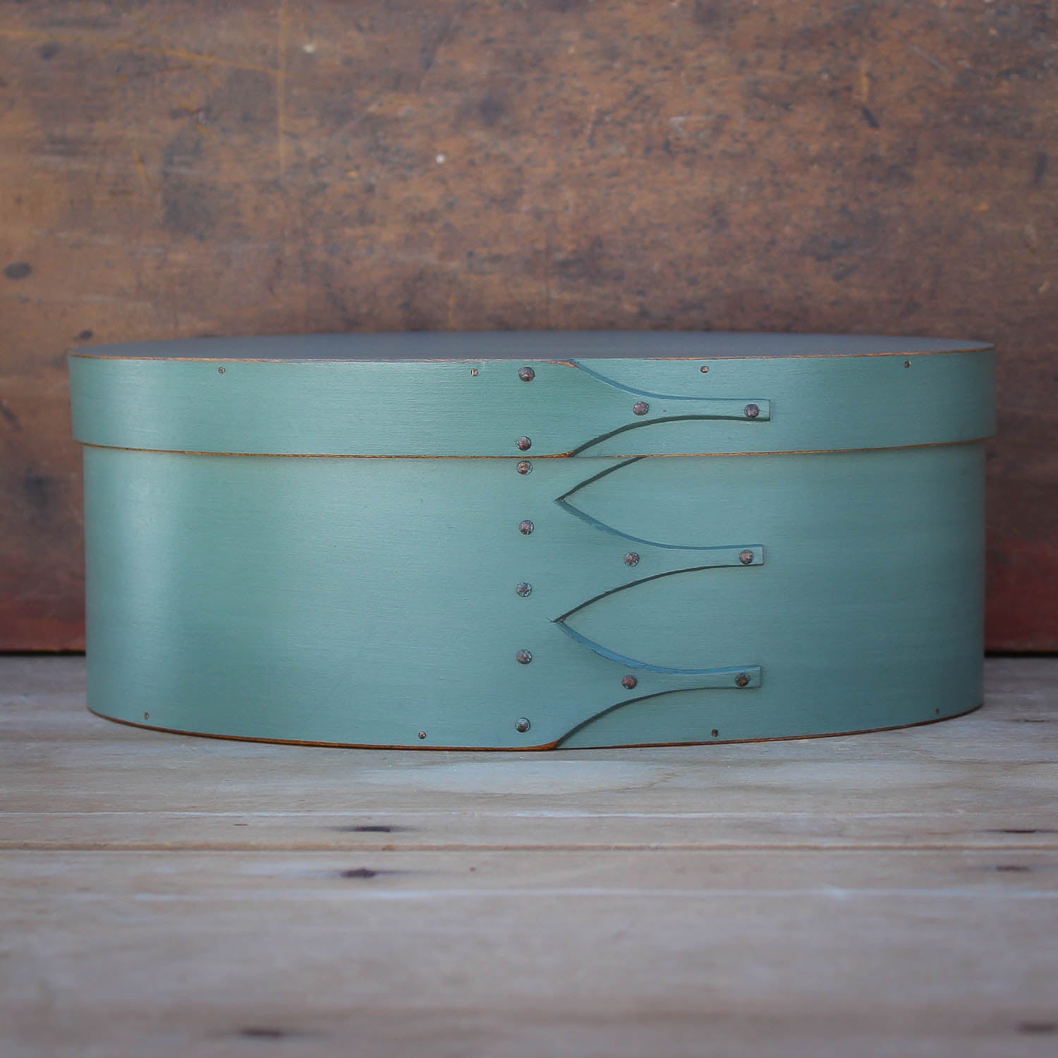 Shaker Oval Box, Size #5, LeHays Shaker Boxes, Handcrafted in Maine.  Sea Green Milk Paint Finish, Front View