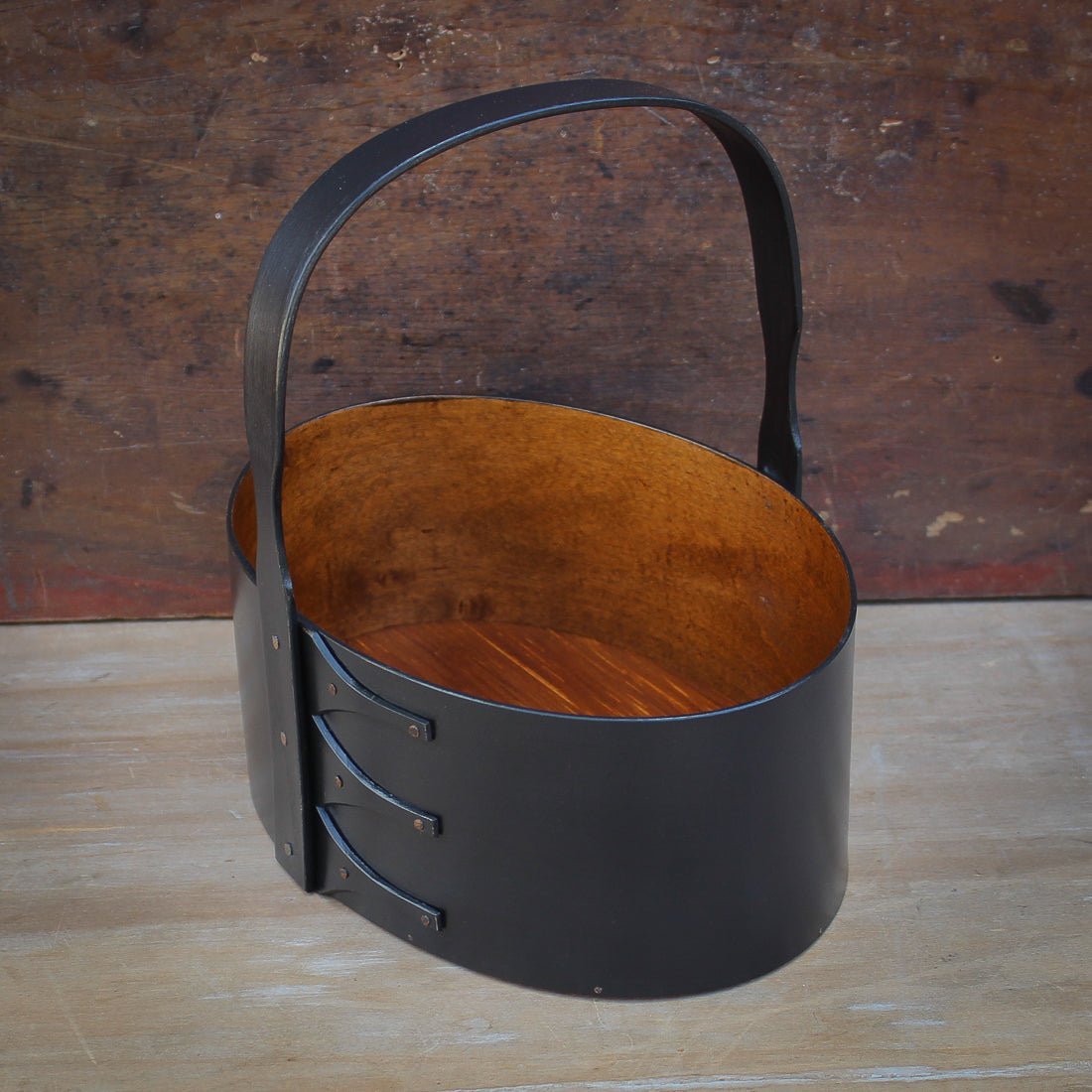 Shaker Carrier, Size #4, LeHays Shaker Boxes, Handcrafted in Maine, Black Milk Paint Finish, Side View