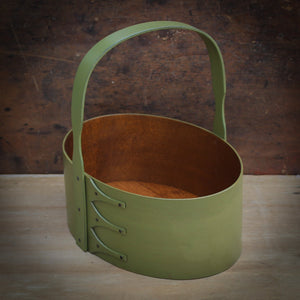 Shaker Carrier, Size #5, LeHays Shaker Boxes, Handcrafted in Maine, Green Milk Paint Finish, Side View