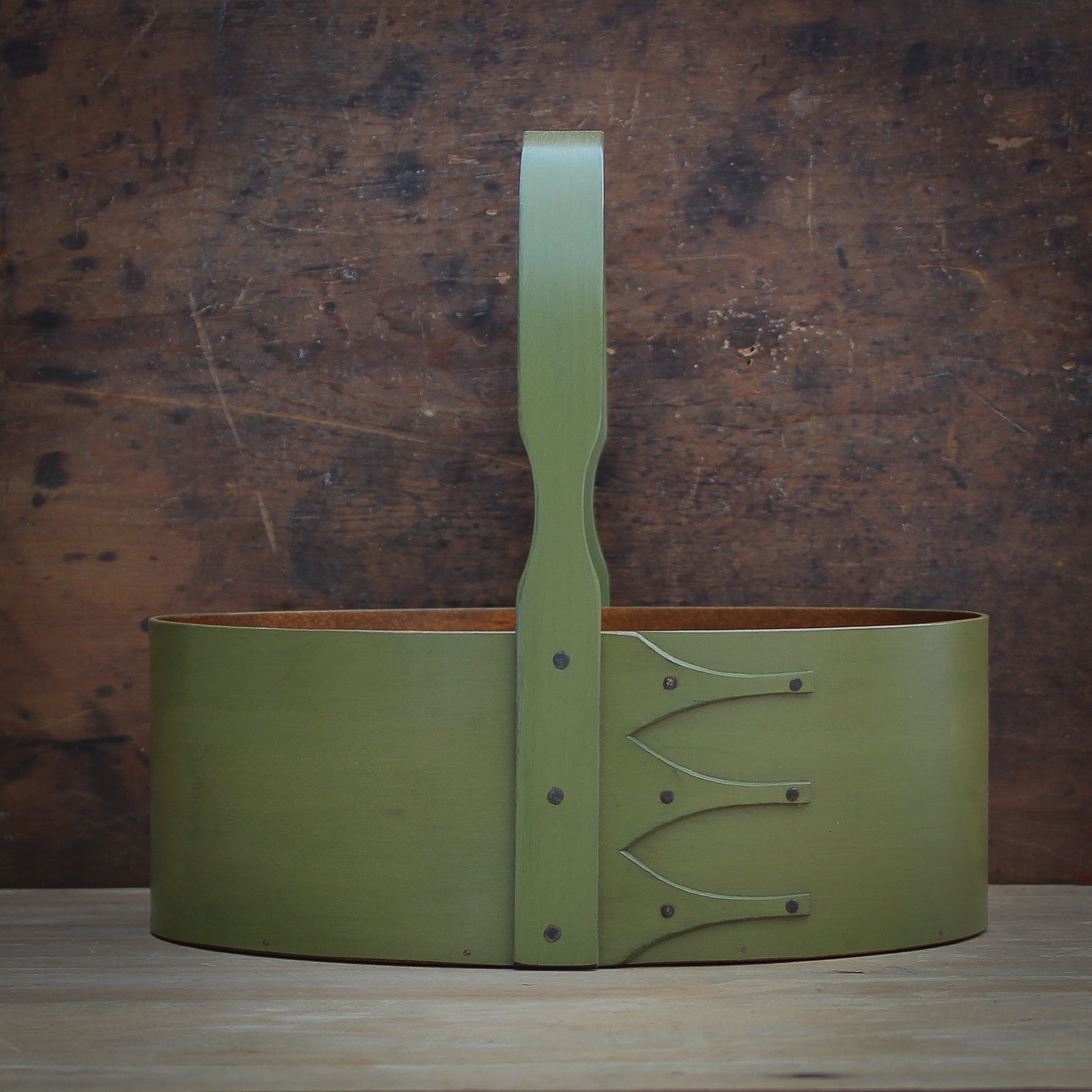 Shaker Carrier, Size #5, LeHays Shaker Boxes, Handcrafted in Maine, Green Milk Paint Finish, Front View