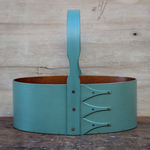 Shaker Carrier, Size #5, LeHays Shaker Boxes, Handcrafted in Maine, Sea Green Milk Paint Finish, Front View