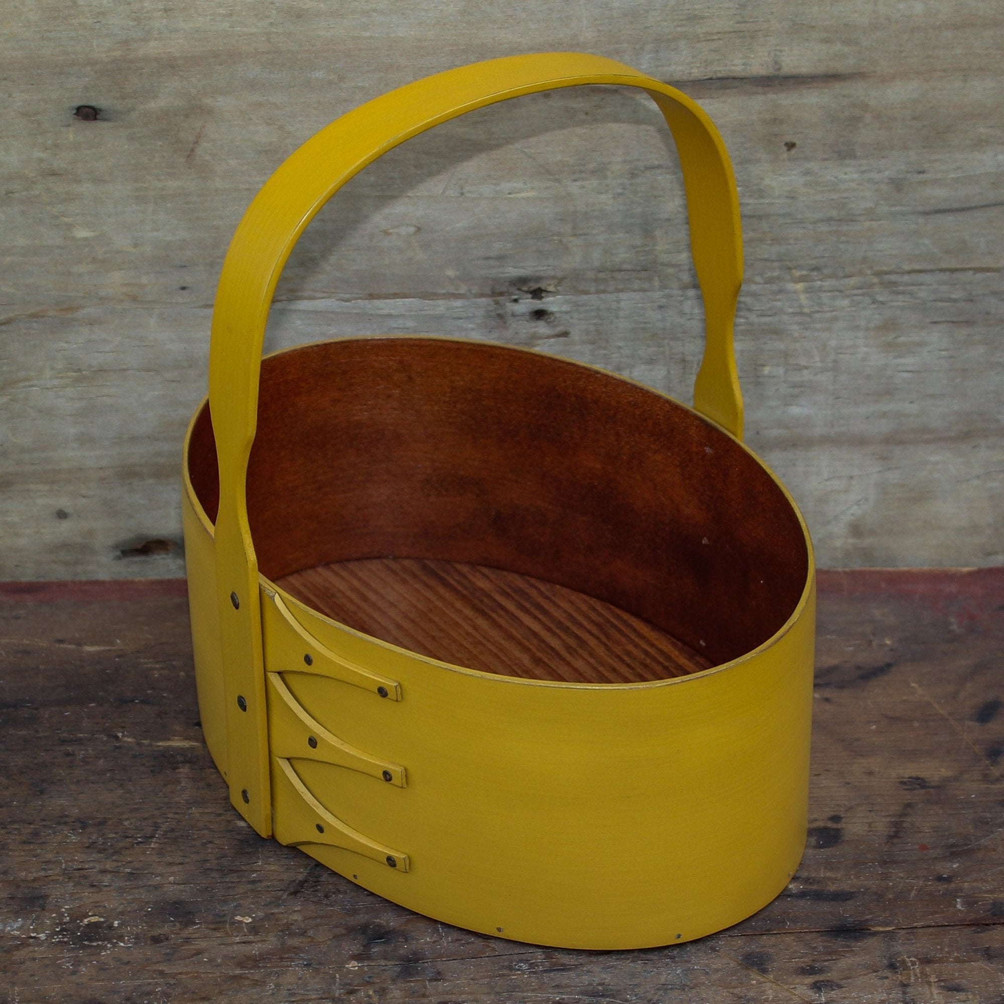 Shaker Carrier, Size #5, LeHays Shaker Boxes, Handcrafted in Maine, Yellow Milk Paint Finish, Side View