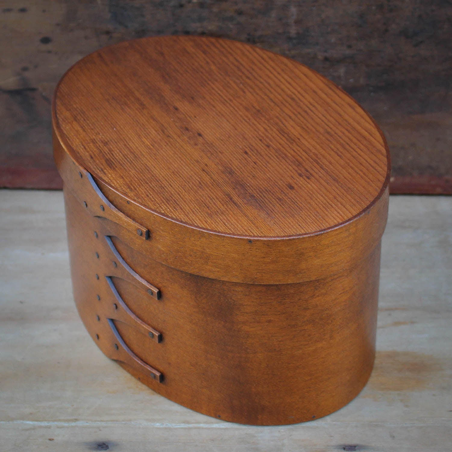 Shaker Oval Box, Size #5 Tall, LeHays Shaker Boxes, Handcrafted in Maine.  Antiqued Natural Finish, Side View