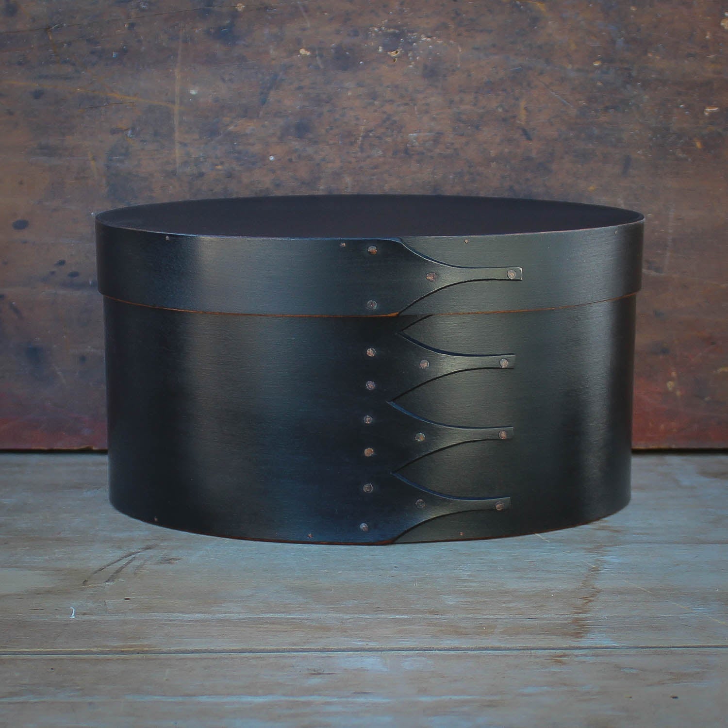 Shaker Oval Box, Size #5 Tall, LeHays Shaker Boxes, Handcrafted in Maine.  Black Milk Paint Finish, Front View