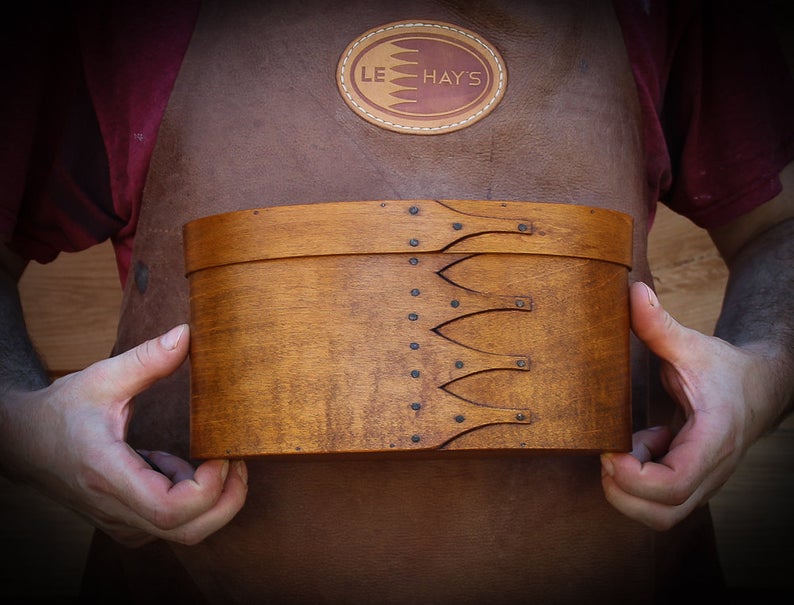 Shaker Oval Box, Size #5 Tall, LeHays Shaker Boxes, Handcrafted in Maine.  Robert LeHay Holding Shaker Box