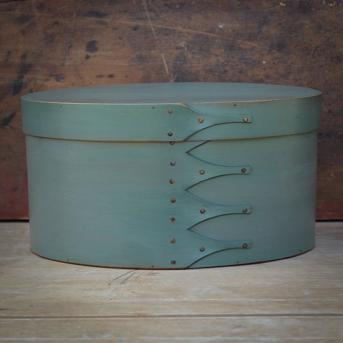 Shaker Oval Box, Size #5 Tall, LeHays Shaker Boxes, Handcrafted in Maine.  Sea Green Milk Paint Finish, Front View