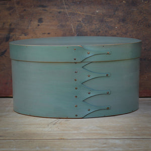 Shaker Oval Box, Size #5 Tall, LeHays Shaker Boxes, Handcrafted in Maine.  Sea Green Milk Paint Finish, Front View