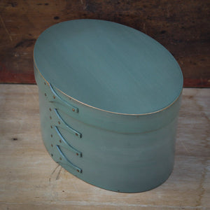 Shaker Oval Box, Size #5 Tall, LeHays Shaker Boxes, Handcrafted in Maine.  Sea Green Milk Paint Finish, Side View